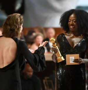 Viola Davis Instagram - A revelatory evening. I see my "legacy" more clearly than ever. I'm...inspired. Thank you Golden Globes for this honor. It has sparked a flame ❤️❤️🙏🏿

My Golden Globes Look 🖤💜💛🩷💚🖤
Dress by @Gucci @sabatods
Earrings by @swarovski
Styled by @elizabethstewart1 
Hair by @jamikawilson
Nails by @julieknailsnyc
MUA by @sergiowastaken