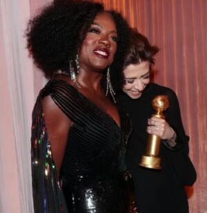 Viola Davis Instagram - A revelatory evening. I see my "legacy" more clearly than ever. I'm...inspired. Thank you Golden Globes for this honor. It has sparked a flame ❤️❤️🙏🏿

My Golden Globes Look 🖤💜💛🩷💚🖤
Dress by @Gucci @sabatods
Earrings by @swarovski
Styled by @elizabethstewart1 
Hair by @jamikawilson
Nails by @julieknailsnyc
MUA by @sergiowastaken