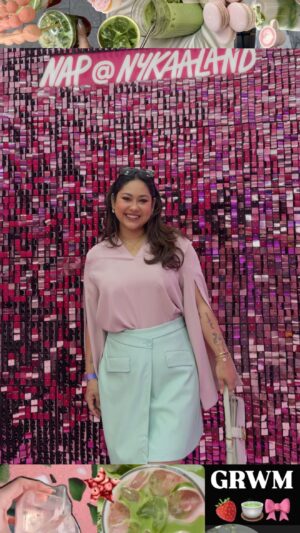 Aditi Shrestha Instagram - when you match your matcha 🍓🍵🎀 
top @veromodaindia 
skirt @tokyo_talkies 
bag @charleskeithofficial 
shoes @nike 
earrings @shopjadestudio 

#grwm #nykaaland