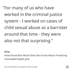 Afua Hirsch Instagram - After a lifetime of deep interest, knowledge and concern about protecting vulnerable women and girls in England, I think #ElonMusk might have finally got this one wrong 
👀

Link in bio 
#Protectchildren
#Protectdemocracy
#Stopweaponisingsexualviolence