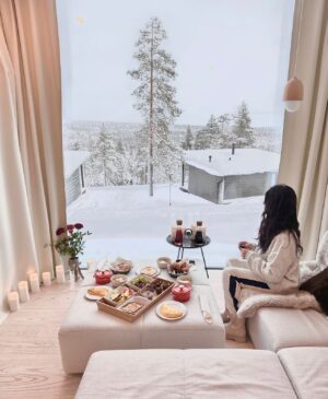 Aisha Zafar Khan Instagram - All happiness depends on a leisurely breakfast with a breathtaking view 🥐☕️
📍 @arctictreehousehotel

.
.
.

#finland #lapland #snow #beautiful #travel #nature #sunrise #wintervibes #arctictreehousehotel #love #white #dream #bestplacestogo #beautifuldestinations #travelphotography #breakfast #beautifulview #travelandleisure #beautifulhotels #me #photooftheday #fashion #instagood