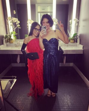 Ali Wong Instagram - The first 🏆 I’ve ever received for a stand up special 😭 🙏 ❤️

Dress, gloves and shoes: @balenciaga 
Earrings: @bpdesilvajewellers 
Styling: @taraswennen 
Makeup: @danielmartin 
Hair: @samiknighthair 
📸 @goldenglobes @gettyimages #goldenglobes