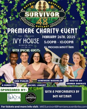 Andrea Boehlke Instagram - This legendary crew is forming an alliance to raise money for the National Alliance on Mental Illness aka Nami in Milwaukee February 26th! 

Join us at the Ivy House for the Season 48 premiere where we will be partying with the fans and raising money for a good cause! 

Your starting tribe is Andrea Boehlke, Rachel Lamont, Q Burdette, Genevieve Mushaluk, Sam Phalen, and Ben Katzman (who will also be doing a special performance)! 

Tickets via link in BIO but they are already moving very fast!

🎨 @bkdegreaser69 

#survivor #milwaukee #nami #charity #mentalhealth