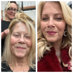 Barbara Niven Instagram - Becoming Delores, before and after. (Usually takes about 90 minutes. Oy vey!) 🫣😳😂💋 Don’t forget—if you have any questions for us to answer during tonight’s FB livestream, drop them in a comment below! See you later! xoxo #hannahswensen #hallmarkmystery @hallmarkmystery @hallmarkplus