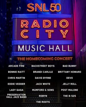 Bonnie Raitt Instagram - Just announced! Bonnie will perform LIVE on February 14th at the #SNL50: The Homecoming Concert! The event will stream live from Radio City Music Hall on @peacock at 8PM ET / 5PM PT. Hosted by @jimmyfallon, executive produced by Lorne Michaels and Mark Ronson, and featuring a lineup of chart-topping musical guests from across the decades, SNL50: The Homecoming Concert will celebrate 50 years of @nbcsnl musical and comedy performances. The celebration will bring together legendary Saturday Night Live hall-of-famers and surprise special guests.

— BRHQ