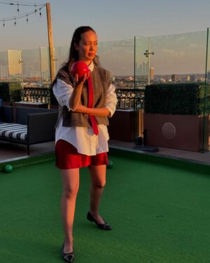 Charlotte Nicdao Instagram - Mythic Quest Season Four starts THIS WEDNESDAY. Please enjoy one serious photo of @danadelaney @claytonhawkins and @lucywarrenstyle ‘s good work, followed by a very silly lawn bowls photo shoot nobody asked for.