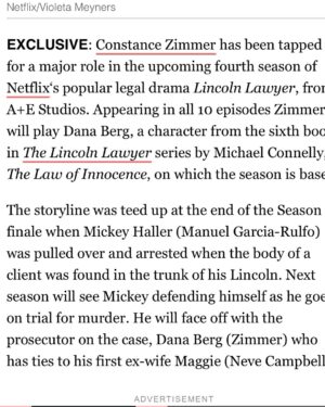 Constance Zimmer Instagram - Whoop there it is!! I’ve been waiting to share this exciting news!!! So thrilled to be joining the cast of @thelincolnlawyernetflix for their 4th Season!! This #Dana is going to surprise you, can’t wait to dive in!! Grateful to be back with my old bosses at @aetv, @netflix and @davidekelleyproductions, working with former cast-mates @nevecampbell and #beckinewton again AND getting to collaborate with @matthewlbrmn @dailynrod and @tedhumphrey_  what a dream!!