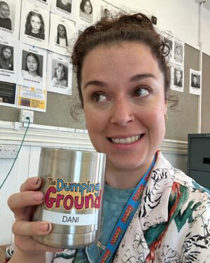 Dani Harmer Instagram - The new series of The Dumping Ground starts TODAY on @cbbc & @bbciplayer can’t wait for you to see this fantastic new series! 
Here’s me in the office during my 1st week being way too overexcited by my coffee mug! 
The episode I directed is episode 8 so enjoy!!!!! 🫶🏻☺️