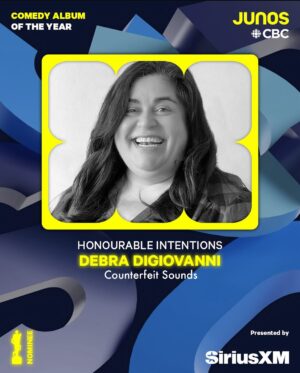 Debra DiGiovanni Instagram - Jazzed to tell you I’m nominated for @thejunoawards for BEST COMEDY ALBUM alongside my funny friends @ivanwdecker @courtneyjgilmour  @jess_salomon and @nathanmacintosh 
Thanks to the Junos for the nom and @siriusxmcanada for the support and @counterfeitpics for making this album with me!! 🩷🇨🇦