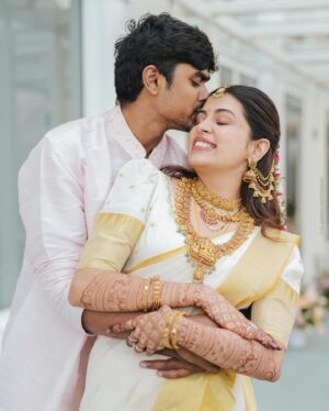 Diya Krishna Instagram - Second look ❤️🧿
Shot by @skabhijithphotography 
Aswin’s attire by @mloft_by_joeljacobmathew 
MUA @laxmi_saneesh 
Drapist @drapist_daira 
Event partners @grandoystereventplanners @decorlabevents