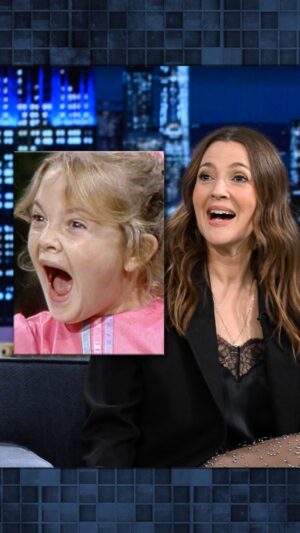 Drew Barrymore Instagram - @drewbarrymore reacts to a video of her at 7 years old screaming on The Tonight Show Starring Johnny Carson! #FallonTonight