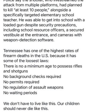 Elisa Donovan Instagram - No, it’s not a #tbt. It’s another school shooting. Yes, IT’S THE GUNS. And it is also the normalization of hatred, racism, antisemitism and violence in our culture.  Until we stop electing leaders that perpetuate these ideologies we will continue to lose lives to these sick and senseless acts. My heart breaks for this community and all of the young people whose lives will never be the same. And for the family of Josselin Corea Escalante — our thoughts and prayers are insufficient. I’m sorry we have let this happen to your beloved daughter/sister/niece, whom I read you described as always bringing home good grades, playing soccer, and being kind and loving. May she rest in peace. #endgunviolence #gunviolence #antioch #nashville #repost @shannonrwatts