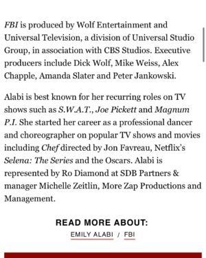 Emily Alabi Instagram - God’s timing ❤️

With overwhelming gratitude in my heart, I don’t know where to begin in expressing how much this opportunity means to me because of the journey God took me on to get HERE.

I wanted to share a little of my story to inspire others to trust God’s timing. I tested for FBI at the beginning of Season 7 for another role, and what an amazing experience that was, but we got the news that they were going in a different direction. I was heartbroken but fully surrendered to God’s plan. I never stopped working, and I never stopped trusting Him.

Turns out, 4 months later, my Dad was diagnosed with leukemia, and because I wasn’t in NYC filming, I was able to be with him throughout his chemo treatment and journey to recovery, which was more important to me than anything else. God knew that I needed to be with my Dad.

Now that my dad is home and on his way to a full recovery, it’s crazy to see how God brought this back around but now, at just the right time.

So here we are.

I am incredibly grateful to my dream team for everything. @iamrodiamond @morezap1 @stevenkjang I wouldn’t be here without you guys. Thank you for all of your hard work, always. 
I love each of you so much and feel so lucky to be on this team.

To @kim_miscia thank you for your support on this journey 🫶🏽 and to the entire @fbicbs family, thank you for this incredible opportunity.

I’m so full and so ready!!!! LFG!!!! 💪🏽