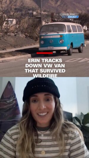 Erin Burnett Instagram - A blue VW van survives a fire that destroyed everything around it. OutFront tracks down the owner and shows her the van up close for the first time. “I just can’t believe that this is actually like my bus is the only thing that survived on the street.” 
#cnn #wildfires #malibu #losangeles #california #climate