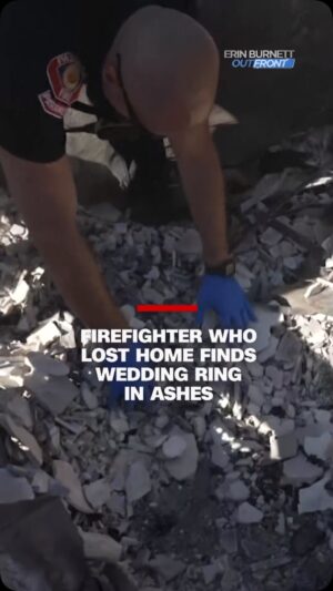 Erin Burnett Instagram - Erin Burnett speaks to a California firefighter who lost his own home while trying to save others. Our OutFront producer captures the miraculous moment when Chien Yu finds his wedding ring in the ashes of his home. #cnn #wildfires #losangeles #california #firefighter