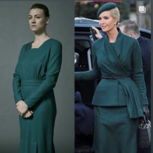 Ever Carradine Instagram - Since @diet_prada posted this, no less than 20 people have texted me the Serena Joy / Ivanka photo. I’m sort of at a loss for words, so I’m going to use a quote from The Handmaid’s Tale and leave it at that:
“Now I’m awake to the world.
I was asleep before.
That’s how we let it happen. 
When they slaughtered Congress, we didn’t walk up. 
When they blamed terrorists 
and suspended the constitution,
we didn’t wake up either. 
They said it would be temporary.
Nothing changed instantaneously. 
In a gradually heating bathtub
you’ll be boiled to death before you know it.”