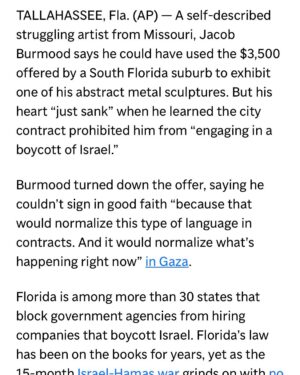 Haley Webb Instagram - @jacob_burmood_sculpture turned down a $3,500 payment from the Florida government to feature his sculpture as part of an exhibition because it would have required him to sign a contract stating that he refused to boycott Israel.

Thank you Jacob Burmood for standing up for your morals and conviction. We need more artists following suit. Enough is enough.