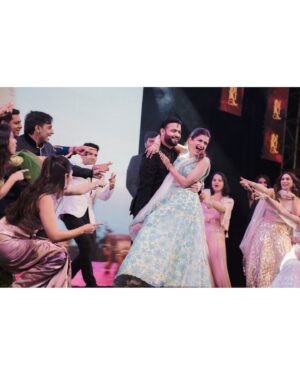 Hemal Ingle Instagram - For our Starry Sangeet Night I got to be a @label_charmiegalaiya bride. Her beautiful lehengas are a piece of art. This was the perfect colour that I exactly dreamt of, I wanted a different colour which would stay in theme. The handwork all over the lehenga is so intricate and elegant you cannot take your eyes off. I paired this beautiful ensemble with @roomys_jewellery to get the most exquisite look. You know me, diamonds are my best friend and I’m so glad I got to wear such a beautiful piece from their collection to shine like a star 🌟 
And obviously this look was achieved by my brother, my confidant, my love @atonmuah. I told him I want a minimal look because I was tired of sitting on the makeup chair throughout the events. And here it is, he served and how, achieved this entire look in 1.5 hrs 👏🏼
