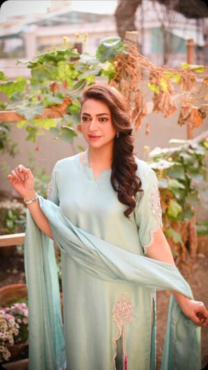 Hiba Ali Khan Instagram - This delicately designed semi formal is from @poshbynoreen 
This is called combination of elegance & comfort: 
check out their new collection of 2025 on their website. #hibaalikhan #hibaali #poshbynoreen #dresses #fashion #instagram #amazing #iceblue #pastel #reels #handwork