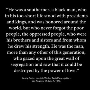 Isabel Wilkerson Instagram - What was Jimmy Carter trying to teach us in taking his final bow at this pivotal moment in America? That there is, in fact, goodness and decency in the world when we fret that there is none. That even out of power, and perhaps especially more so out of power, people can do great good in the world, if we can find our purpose and calling. That wise and measured sacrifices on behalf of the whole, as with the restraint shown during the Iranian hostage crisis which ultimately yielded their safe release, can achieve the desired goal, or that visionary moves that may seem quirky at the time, like solar panels on the White House way back in the 1970’s, may take decades to be affirmed, but affirmed they will be. That patience, kindness, compassion and tenacity are superpowers that take time to bear fruit, but last beyond the whims of any moment and can have more power than naked dominance. 

Who would not want the genuine, abiding love that he and Rosalynn had, that perhaps few people ever truly get to know, that lasted longer than many people get to live, or the long and purposeful life he himself achieved.  He offered all of us a redefinition of success on his own terms. 
By his actions in defeat, he singularly forced a reassessment of his presidency and of his role in history, assuring that he will be remembered longer than his one term in the White House would suggest on its own.  Which is why regular folks in Washington, D.C., lined up in the bitter cold and waited for hours to pay their respects to him, as his remains laid in state in the capitol rotunda last night. He taught us that defeat is not the end but the beginning. He left us a blueprint for how to harness life’s disappointments into the greatest and longest lasting gifts for ourselves and for the world. 
——
Slide 1: Rosalynn Carter, Andrew Young, Coretta Scott King, Jimmy Carter
Slide 2: With John Lewis
Slide 3: Carter on MLK’s legacy
Slides 4, 5: With Rosalynn Carter
Slide 8: Greeting every passenger on a Delta Airlines flight, as was his way
Slides 9, 10: People lined up in DC, via Joy Reid