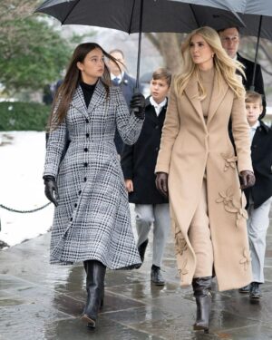 Ivanka Trump Instagram - A special mother and daughter moment, full of elegance and style.
Classic red bows and beautiful traditional cloths cut to perfection and worn with grace.

Ivanka wears Custom Prue Coat Dress in Vermilion Red
Arabella wears Ivanka’s Check Hunter Coat Dress

Photographer @courtlynnreed