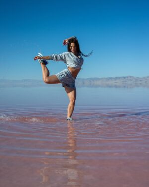 Jade Chynoweth Instagram - Leaping where salt meets sky—introducing my new sneaker, the Blue Jades. Simplicity and flow inspired by water. Weightless, comfortable, and elemental 
Jade X @fuego.dance
Each pair uses 5 recycled plastic bottles to create the fabric, plus with every purchase of a pair of Blue Jades, our partner company @plasticbank , will remove an additional 5 plastic bottles from our oceans! 
Get Yours Today at Fuegodance.com
 #BlueJades #FlowInStyle
Shot by 📸 @thedaoist