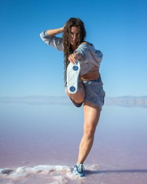 Jade Chynoweth Instagram - Leaping where salt meets sky—introducing my new sneaker, the Blue Jades. Simplicity and flow inspired by water. Weightless, comfortable, and elemental 
Jade X @fuego.dance
Each pair uses 5 recycled plastic bottles to create the fabric, plus with every purchase of a pair of Blue Jades, our partner company @plasticbank , will remove an additional 5 plastic bottles from our oceans! 
Get Yours Today at Fuegodance.com
 #BlueJades #FlowInStyle
Shot by 📸 @thedaoist