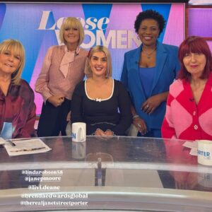 Jane Moore Instagram - My week in pictures…
 1. Met up with my @imacelebrity camp mates at @coleen_rooney skincare launch for @appliednutrition  2. Not quite sure what face I’m pulling here 😂 Jumper by @cefinnstudio .  3. @loosewomen with Traitors star @livi.deane My outfit is from @lkbennettlondon  4. Opening night of @cammackltd #oliver Amazing!  5. @loosewomen pinstripe suit by @cefinnstudio 
6. Babysitting my daughter’s dog ❤️. .
.
Have a wonderful weekend everyone! X