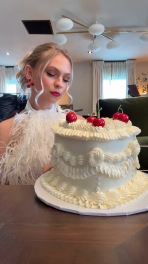 Jordyn Jones Instagram - would nara smith eat cake and an energy drink for breakfast? @getgorgie #cake #energydrink #explore #dress #photoshoot #narasmith #breakfast