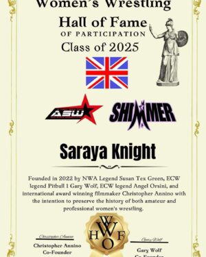 Julia Hamer-Bevis Instagram - Well, I am so proud of this!! Thankyou so much, I'm humbled..

Women's Wrestling Hall of Fame  https://womenswrestlinghalloffame.com/inductees-1?fbclid=IwY2xjawINokFleHRuA2FlbQIxMAABHStowZxxrILaZ8fhmibBoUXNLwx2hy6Z4X4kNB2g4gTOxh55gJbtj41ftQ_aem_VmvN_zwt_8Ib4qaFeMwHJQ 
2025 class has been announced. The only two time Women’s Wrestling Hall of Fame inductee Wendi Richter , inaugural WWF/ WWE tag team champion Desiree Peterson of Canada, former WWF/ WWE tag team champions Jumping Bomb Angels (Noriyo Tateno and Itsuki Yamazaki), former TNA champion Velvet sky, Mercedes Martinez, former WWE women’s champion Debra Marshall,  Saraya knight of England, former TNA champion Maria Kanellis, former LPWA Champion Misty Blue Simms, former WWE champion Joan Marie Laurer aka Chyna, and original GLOW girl Jeanne Basone who recently released her book Hooray for Hollywood https://www.amazon.com/Hooray-Hollywood-True-Story-Original/dp/B0DPGMJGQL#:~:text=Her inspirational memoir is not just a chronicle,interviews, editors' picks, and more. Read it now In the pioneer category will include NWA legends Ramona Isabella, Kathleen Wimbley, and for the first time ever The Wingo sisters Marva Scott, Ethel Johnson, Babs Wingo, and luchador legend Ladama Enmascarada of Mexico. 
The none wrestling category includes referees, announcers, valets, and managers. This category will include Dark journey, ECW originals Dawn Marie, Francine, and Kristina Laum of South Korea.
Posthumous inductees include little person Darling Dagmar, and former NWA tag team champion Sandy Parker. 
Olympic category will include Agnieszka Wieszczek of Poland, Risako Kinjo of Japan, and Kaori Icho of Japan.