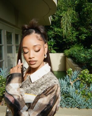 Kylie Jefferson Instagram - Press day but make it "90's fine"
Styled by @itsamandalim 
Dress/ jacket @marrisawilsonny 
Clutch & jewelry @alexisbittar 
Boots @blacksuedestudio 

Glam @domdella 
Hair @neatbyneeesh