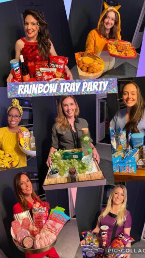 Laura Tobin Instagram - 🌈 Rainbow tray party!

7 ladies, 7 colours if the rainbow all picked at random & we had to bring food & drink that colour & dress in it too 🤭

Let me introduce you too.
❤️Mrs Red-Me
🧡Mrs Orange @andreaburke.mumoftwo 
💛Mrs yellow @eunicede.silva 
💚Mrs green @fimac4444 
💙Mrs blue @blackeroconnell 
🩷Mrs pink @rosie.schiavo 
💜Mrs purple @goddardx1x 

Whose tray looks best?