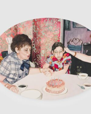 Lisa Edelstein Instagram - Three pictures of one happy lady. Thanks to all who came to the opening @charliejamesgallery The show is up til Feb 15! 

“Corky”
2024
Watercolor on paper/dibond
Oval 22 1/2 x 32

(Thx for the close up 📸 @angelafindsamazin !)