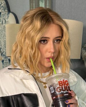 Lizze Broadway Instagram - Me, casually sipping my Big Gulp realizing ‘Kinda Pregnant’ comes out in 5 days.