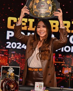 Maria Ho Instagram - Five peak moments from the @celebritypokertour Championship:

1) Taking it down and becoming the first two-time CPT champ! 🏆
2) Seeing all the women THRIVE in this environment (the final two tables were 40% women)! 🔥
3) Seeing old friends and meeting tons of new ones! 🫶
4) The camaraderie with everyone at my first table topped off by a round of tequila shots!🍋‍🟩
5) Playing inside the @PokerGO - a perfect venue for an event like this that fueled the energy the rail brought to the final table! ⚡️

The one pit of the night was putting the worst beat ever on @sofiedossi when she flopped broadway and I went runner runner boat to bust her in 3rd place. I’m sorry! 😢 

Congrats on the 2nd place run @bqquinn! 👏

Big thanks to @blakewynn and everyone at the CPT for a phenomenal event. I can’t wait for season 2! 📈

💄: @icon_image