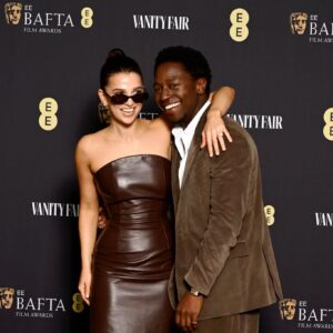 Marisa Abela Instagram - @vanityfair EE BAFTA rising star party. Amazing night and still pinching myself that I’m a part of this. Thank you to everyone who’s voting and sending messages of support! So much love in the air! 🤎💫

and the look!! Thank you  @theownstudio for this gorgeous custom dress. And as always my wonderful squad. 🐻🐻🐻
@aimeecroysdill 
@neilyoungbeauty 
@anastasiastylianou