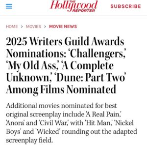 Megan Park Instagram - to be nominated for best original screenplay by the WGA is truly an absolute pinch me moment. to be nominated by fellow writers and to be in the company of some of my favorite filmmakers is unreal. thank you 🥹 @myoldassfilm