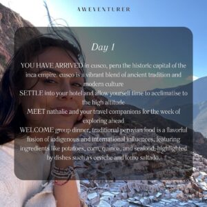 Nathalie Kelley Instagram - Travel with @natkelley to Peru 🇵🇪 

📅 21 – 27 March 2025 
🏔️ Peru 

Join actress and activist Nathalie Kelley on a transformative seven-day journey through the breathtaking landscapes and rich culture of Peru. This adventure is more than a trip—it’s a meaningful exploration of sustainable travel, ancient traditions, and connecting deeply with the land and its people. 

From the vibrant city of Cusco to sacred sites like Tipon, the Sun Gate, and the awe-inspiring Machu Picchu, this journey combines stunning mountain treks, cultural exchanges with local communities, and unforgettable moments of connection. Share meals, ceremonies, and traditions with the Quechua people as you honor the land and its heritage. 

💰 Pricing:
Twin Room: $4265 USD (Deposit: $465) 
Private Room: $4665 USD (Deposit: $465) 

🔗 Book now using the link in our bio or at: www.aweventurer.com/travels/natperu](www.aweventurer.com/travels/natperu 

✨ Swipe to see the full itinerary! ✨ 

#perutravel #trek #sustainabletravel #macchupicchu #grouptravel