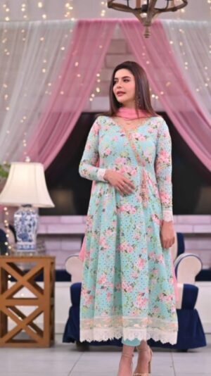 Nida Yasir Instagram - Fresh colours under one roof to enhance your mood this summer.lawn chickenkari paled turquoise angrakha with pants and pink chiffon duppatta
@ynida.clothing