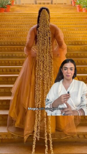 Nishtha Gandhi Instagram - When a real bride comes at me with like this, she automatically gets celebrity status for me.
 
I wonder how these brides are getting more creative everyday with their unique ideas! 
This is definitely my ultimate dreamy haldi hair inspo
A Mogra veil? 🥹 that’s straight out of a movie 

She looks like a real life desi rupunzal, I love reviewing real bride looks when there’s someone who does something completely out of the box and kills it ! 

I think the long mogra veil compliments the peach lehenga and the family heirloom jewels so well ! 
.
Bride @khushchugh 
Makeup @shradhaluthra 
Weddinglehenga @taruntahiliani 
.
#bridesofindia #indianbridehairstyle #haldihairstyle 
#indianweddingwear #bridalindia