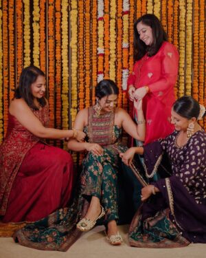 Nishtha Gandhi Instagram - Mehendi moodboard: Prints, hues of green, laughter in every frame, tears in some and a cute furry friend stealing the show. Just some of the images that made my mehendi how it was ♥️
Photos: @weddingrams 
Bride’s outfit: @kalista.official 
MUA: @sanyaamanocha 
Mehendi: @lalitbridalmehandiartist 
Jooti: @5_elementsbyradhikagupta 
.
.
.
#mehandi #mehendioutfit #shaadikaseason #punjabiwedding #weddingrituals 
#vintageaesthetic #indianweddinglook