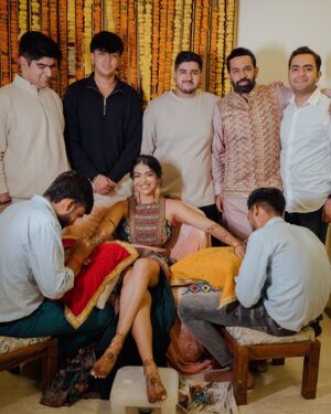 Nishtha Gandhi Instagram - Mehendi moodboard: Prints, hues of green, laughter in every frame, tears in some and a cute furry friend stealing the show. Just some of the images that made my mehendi how it was ♥️
Photos: @weddingrams 
Bride’s outfit: @kalista.official 
MUA: @sanyaamanocha 
Mehendi: @lalitbridalmehandiartist 
Jooti: @5_elementsbyradhikagupta 
.
.
.
#mehandi #mehendioutfit #shaadikaseason #punjabiwedding #weddingrituals 
#vintageaesthetic #indianweddinglook