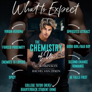 Rachel Van Dyken Instagram - 𝑾𝒆 𝒄𝒂𝒏 𝒋𝒖𝒔𝒕 𝒔𝒂𝒚 𝑺𝑼𝑹𝑷𝑹𝑰𝑺𝑬!!!

The Chemistry of Us is NOW AVAILABLE on Amazon and will be LIVE ON ALL PLATFORMS SHORTLY!!! Paperback & hardback will be live on Amazon soon!! We had such a great time finishing this book that we actually started writing 2 years ago, along with the perfect muse cover picture, but then our schedules got busier and we had to put it on hold. Well, we couldn’t get our Hero Vaughan out of our heads and words just started pouring out of us. We love the way their story turned out & finally sharing it with you!! 

Now, without further ado, enjoy this super steamy college romance from us ❤️

—————-<————@

𝘍𝘳𝘰𝘮 #1 𝘕𝘦𝘸 𝘠𝘰𝘳𝘬 𝘛𝘪𝘮𝘦𝘴, 𝘞𝘢𝘭𝘭 𝘚𝘵𝘳𝘦𝘦𝘵 𝘑𝘰𝘶𝘳𝘯𝘢𝘭, 𝘢𝘯𝘥 𝘜𝘚𝘈 𝘛𝘰𝘥𝘢𝘺 𝘣𝘦𝘴𝘵𝘴𝘦𝘭𝘭𝘪𝘯𝘨 𝘙𝘢𝘤𝘩𝘦𝘭 𝘝𝘢𝘯 𝘋𝘺𝘬𝘦𝘯 𝘢𝘯𝘥 𝘞𝘢𝘭𝘭 𝘚𝘵𝘳𝘦𝘦𝘵 𝘑𝘰𝘶𝘳𝘯𝘢𝘭 𝘢𝘯𝘥 𝘜𝘚𝘈 𝘛𝘰𝘥𝘢𝘺 𝘉𝘦𝘴𝘵𝘴𝘦𝘭𝘭𝘪𝘯𝘨 𝘈𝘶𝘵𝘩𝘰𝘳 𝘔. 𝘙𝘰𝘣𝘪𝘯𝘴𝘰𝘯 𝘤𝘰𝘮𝘦𝘴 𝘢 𝘯𝘦𝘸 𝘢𝘥𝘶𝘭𝘵, 𝘤𝘰𝘯𝘵𝘦𝘮𝘱𝘰𝘳𝘢𝘳𝘺 𝘦𝘯𝘦𝘮𝘪𝘦𝘴 𝘵𝘰 𝘭𝘰𝘷𝘦𝘳𝘴 𝘴𝘵𝘢𝘯𝘥𝘢𝘭𝘰𝘯𝘦 𝘳𝘰𝘮𝘢𝘯𝘤𝘦…

𝗧𝗥𝗨

He’s a pivotal player on and off the field, but as college graduation looms and his need to be a draft pick heightens, he gets assigned a tutor. 

But not just any tutor…

Me. 

His ex-girlfriend.

And I hate him. 
Despise him, actually. 

We haven’t seen each other since high school. And not only am I tutoring the guy who broke my heart. 

𝑰’𝒎 𝒂𝒍𝒔𝒐 𝒉𝒊𝒔 𝒏𝒆𝒘 𝒓𝒐𝒐𝒎𝒎𝒂𝒕𝒆.

𝗩𝗔𝗨𝗚𝗛𝗔𝗡

I know she hates me…

I hate her too. 
I hate her mouth when it grins at me. 
I hate her curves when she walks away from me. 
I hate the way she smiles. 
Laughs. 
Yells at me. 

But mostly, I hate the way that I don’t hate her at all. 

In fact…

𝑺𝒉𝒆’𝒔 𝒕𝒉𝒆 𝒐𝒏𝒍𝒚 𝒘𝒐𝒎𝒂𝒏 𝑰’𝒗𝒆 𝒆𝒗𝒆𝒓 𝒍𝒐𝒗𝒆𝒅.

𝗧𝗵𝗲 𝗧𝗿𝗼𝗽𝗲𝘀 𝗜𝗻𝗰𝗹𝘂𝗱𝗲:

🔥 Spicy

💔 Second Chance Romance 

🤬 Enemies to Lovers 

😅 Forced proximity

🏈 College Tutor (her)/Quarterback student (him)

👨 He falls first 

👩‍❤️‍👨 Good girl/bad boy 

💋 Opposites attract 

🍒 Virgin heroine

Comment RM25 and I’ll dm you the link to read!! 

Cover Designer: @lorilovesbookjackson 
Cover Model: @chasemattson 
Photographer: @lanefotograf