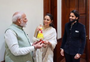 Sobhita Dhulipala Instagram - Profoundly thankful to Hon’ble Prime Minister @narendramodi ji for today’s meeting at Parliament House. It was an honor to present ‘Akkineni Ka Virat Vyaktitva’ by Padma Bhushan awardee Dr.Yarlagadda Lakshmi Prasad, a tribute to ANR garu’s cinematic heritage. Your recognition of his life’s work is a treasured affirmation for our family, fans and the Indian movie lovers. 
#ANRLegacy #IndianCinema
#ANRLivesOn 

PS : Anyone who knows me knows how much I adore kondapalli bommalu (dancing dolls), their memories trace back to my childhood years in my grandparents’ home in Tenali. So happy to be able to gift him one, and to find that he knows all about this old handicraft and its nativity to Andhra Pradesh :)♥️