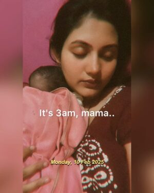 Sradha Panigrahi Instagram - It’s 3am, mama..
and I’m in your arms again.
I was restless. 
searching,until you lifted me close...
Your eyes are heavy and your head tilts back, but I know you’re awake.
You hold my back,
checking on me 
I check on you too, mama.
I know its hard at 3.ooam.
When the world is still, and daddy’s snorés.
And its just  us in the dark and the quiet .
But this?
This is my best time.
When the light is low and
your warm milk is all i know.
So I nurse a little slower, Nestling closer,
My hand curled around your finger
And there is it again -
The heartbeat i know , I hear it best at 3:00am.
 Yours #KoKo ❤️