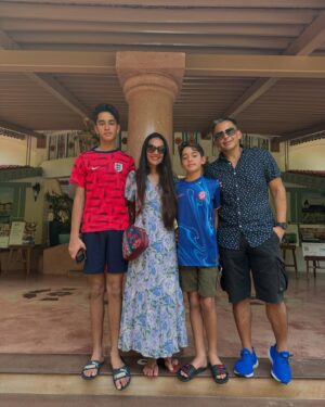 Tara Sharma Instagram - A v #HappyDiwali all 🪔! Is it today or tomorrow?. Still a bit confused by that but either way loads of good wishes from all of us to all of you. We are heading home today so will be with Mum, (Gaaga as our kids call her) and Tia and all else at home for Diwali too. ❤️🧿

This is a huge thank you carousel!

We loved our stay at @heritagevillageresortgoa thank you @velhoguitry and all the super staff and team. Our kids and @roopaksaluja even agreed to this short impromptu video picking their favourite bits and a kind fellow diner took the video haaha!

The rest of the pix and vids are of

1 the lil vid I spoke of
2 delicious prawns at Chutney
3 a screen grab of the video as our teens and R refused another pic haaha 
4 romantic pic of R and me taken by Zen 
5 as always thanks @_shrutisancheti love this outfit too and how it matches the flowers outside our lil villa
6 clever way to protect from the danger of falling coconuts 
7 spent most of our morning jumping waves, such fun..
8 Happy Diwali Rangoli 
9 standing on the stairs of the lovely Heritage 
10 R captured a butterfly at the start of my lil jig in my SS outfit 
11 With the cool and useful @artchivesindia beach bag in my SS outfit 
12 in my @house_of_nm #bikibni
13 Rampus the play room with fun activities by lovely staff 
14 in a lovely @_shrutisancheti sun dress 
15 in my @pumaindia palm tree dress with palm trees behind me 

Have a lovely Diwal! 

Just on our way back so this is a bit if a rushed post and there won’t be as many photos from tom as on trips one takes more what say?

#staysafe