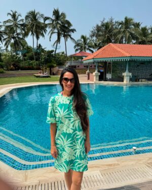 Tara Sharma Instagram - A v #HappyDiwali all 🪔! Is it today or tomorrow?. Still a bit confused by that but either way loads of good wishes from all of us to all of you. We are heading home today so will be with Mum, (Gaaga as our kids call her) and Tia and all else at home for Diwali too. ❤️🧿

This is a huge thank you carousel!

We loved our stay at @heritagevillageresortgoa thank you @velhoguitry and all the super staff and team. Our kids and @roopaksaluja even agreed to this short impromptu video picking their favourite bits and a kind fellow diner took the video haaha!

The rest of the pix and vids are of

1 the lil vid I spoke of
2 delicious prawns at Chutney
3 a screen grab of the video as our teens and R refused another pic haaha 
4 romantic pic of R and me taken by Zen 
5 as always thanks @_shrutisancheti love this outfit too and how it matches the flowers outside our lil villa
6 clever way to protect from the danger of falling coconuts 
7 spent most of our morning jumping waves, such fun..
8 Happy Diwali Rangoli 
9 standing on the stairs of the lovely Heritage 
10 R captured a butterfly at the start of my lil jig in my SS outfit 
11 With the cool and useful @artchivesindia beach bag in my SS outfit 
12 in my @house_of_nm #bikibni
13 Rampus the play room with fun activities by lovely staff 
14 in a lovely @_shrutisancheti sun dress 
15 in my @pumaindia palm tree dress with palm trees behind me 

Have a lovely Diwal! 

Just on our way back so this is a bit if a rushed post and there won’t be as many photos from tom as on trips one takes more what say?

#staysafe