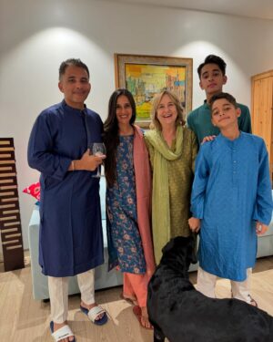 Tara Sharma Instagram - A v #happydiwali 🪔 everyone. Good wishes and
love from all of us to all of you ..❤️🧿 #family photos invariably have one person shutting their eyes (pic 1 Gaaga haaha as our kids call my Mum) or turning away or generally being in another zone hence the 3 pix. (Tia is allowed to do anything clearly haaha!) Not really celebrating or partying this year, not that we do much, but just a wish for all and remembering those loved ones not with us too. Diwali 🪔 good over evil. Find the light in every situation. Spread the light and positivity. A few things that come to mind on the festival of lights. What does it make you think of? Wishes for good health, joy, love, success, being good kind humble people & all good things for us all touch wood😀. Simple, easy to wear, cheerful home Diwali outfits from @fabindiaofficial . 

Wishing you all lots of light.

For anyone newer to my insta feed, yes my Mum is English and my Dad who v sadly passed over 12 yrs ago, Indian, Punjabi. So I am #mixed . If that’s even a word haaha! @roopaksaluja is half Sardar and half Nepalese, his father v sadly passed on 7 months ago. R is mixed too so yep our kids are quite a mix. We all are in different ways I guess, not just ethnicity, but ideas, interests and passions too but also so much the same. As a mixed kid, appreciating all festivals and doing rituals, often a mish mash of traditional and our own interpretations is something I always gravitated to. I think we all sort of do this, mixed or not what say? I guess what I am saying is we’re all so different and yet so the same. My amazing Mum has lived in India for over 55 years & feels very Indian in many ways. And Christmas for us is as much a thing as Diwali. Okay enough of my ramble but would love to hear any of your #mixed stories too and or non mixed and just how and what you do on Diwali? And what your kids do. We do a simple Lakshmi puja, something I enjoy doing and sort of do my version of and the family kindly joins in, though as big teens now they indulge me for just limited time haaha! We light some diyas, wear Indian outfits, do a lil rangoli and have a family meal and evening. A dash of cards, maybe. #mixedthatsus 

#staysafe