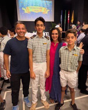 Tara Sharma Instagram - Congrats all the kids who stood in the elections 
and woohoo our Zen for winning President!!! Kai is current class rep so we managed a photo of both brothers in their badges which is hard to do as getting teens to pose as you know is not easy haaha So proud of you boys ❤️💜🧿🩷 As always it is not just about winning, losing, winning winning but all the lessons one learns too. Won’t ramble on but given they are v independent and almost secretive in not letting us hear their speeches etc beforehand, we were happy to be invited to the lovely #Investiture ceremony at their fab school (which I am an alum of too) and witness Z’s vote of thanks. Being someone who loves public speaking and @roopaksaluja does too and Daddy #partapsharma was known for it, must admit I feel he must have a hand from above in Z’s speaking prowess. Lots of hard work ahead and lots to learn, hopefully being empathetic leaders. Onward and upward touch wood😀
Sorry about the gushy Mummy post, but yep while raising #teenagers is quite a roller coaster of emotions, where praise and reprimand seem to balance out, celebrating victories and milestones is an indulgence many of us parents I think allow ourselves. 
#staysafe
