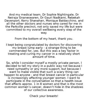 Viva Bianca Instagram - While I consider myself a mostly private person, I decided to tell my breast cancer story in a public way not because I need sympathy or any more support, but because I want to make visible that such a scary thing can happen to anyone - and that breast cancer in particular is increasingly effecting younger women. I want to participate in the conversation so that a major health issue that affects approx. 1 in 8 women and that is the most common women’s cancer, doesn’t hide in the shadows of our collective awareness. 

Check your breasts. Regularly. And if you have any family history of breast cancer (even just 1 blood relative, which was the case for me), talk to your GP about genetic testing. 

I was pretty nervous to share my story. But within moments of having the @womensweeklymag editorial team in my home, my apprehensions were put to rest. Thank you @smethurst.sue and the editorial team for for being so lovely and for capturing the light at the end of the tunnel - and the light in me. I had lived through some awfully ugly days. But on this day, I felt pretty. 🌸🌸🌸

Pick up your copy of this month’s #TheWeekly, in stores and on sale now. 

Photography: @lana.landsberry 
Styling: @lillyveitch 
H&MU: @alanajholmes 
Words: @smethurst.sue 

And a special shout out to the volunteers and staff doing important things at @think_pink_foundation #Counterpart @lookgoodfeelbetter @bcnapinklady and @mcgrathfoundation . I can’t tell you how much your work impacted my life 🩷🙏🏼

#breastcancer #breastcancerawareness #breastcancersurvivor